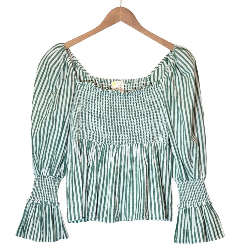 Cinq à Sept Adly Green White Stripe Smocked Puff Sleeve Peplum Top M - Picture 15 of 15